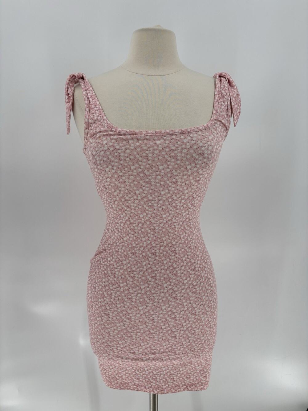 Shasa Mini Dress Womens Small Pink White Floral Tie Shoulders Stretchy Pullover